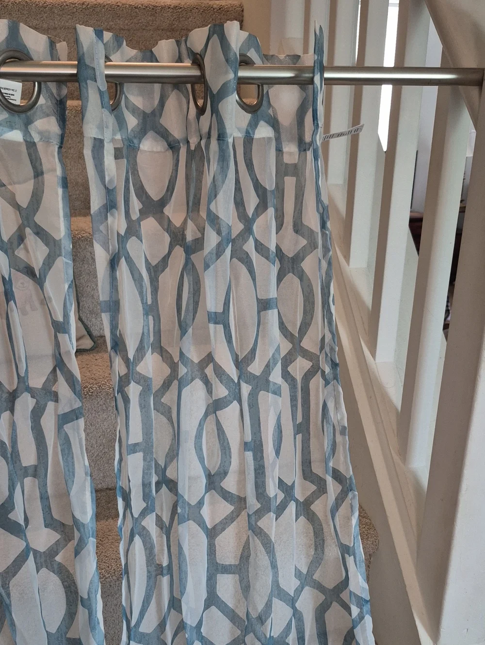 Two Teal Blue Geometric Sheer Window Curtain Panels 27.5
